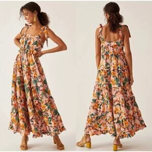 NWT Anthropologie Farm Rio sz S Colorful Square Neck Tiered Maxi Floral Dress